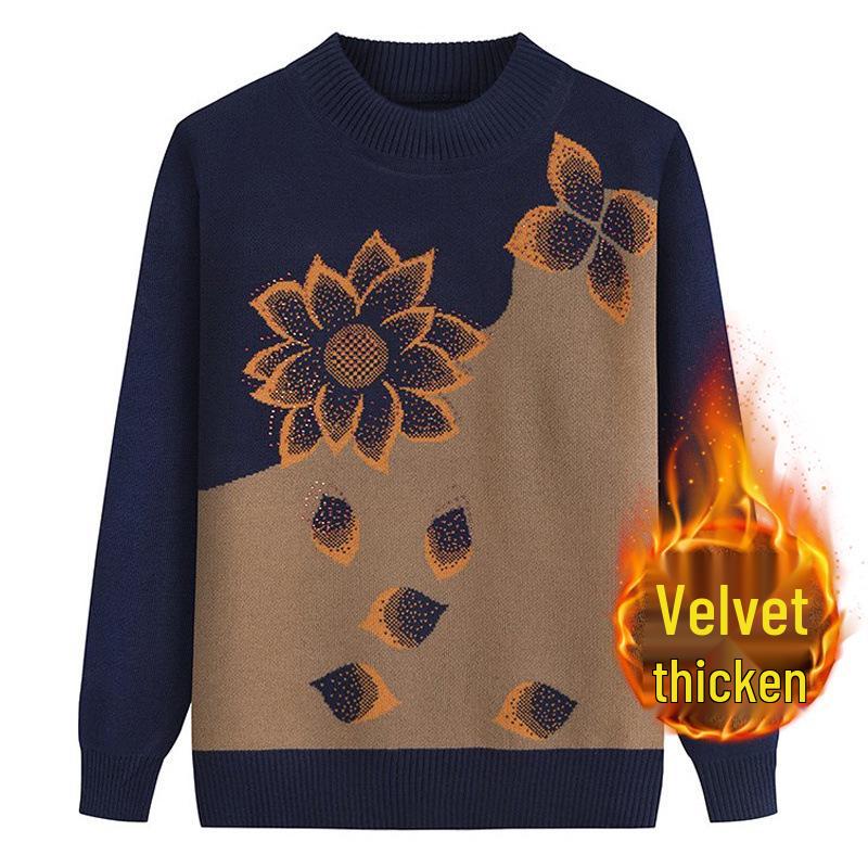 Plus Size Knitted Sweater for Women: Thickened Velvet Autumn and Winter Coat for Middle-Aged & Elderly