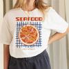 T-shirt Décontracté Style Années 90 pour Femme, Manches Courtes, Imprimé Fruits de Mer Alimentaire Dessin Animé, Très Tendance, Col Rond, Mignon, Modèle 2025