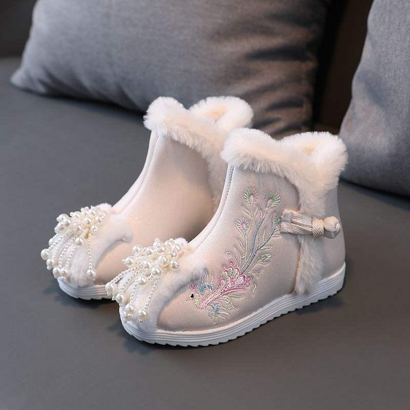 Cizme de Bumbac Căptușite cu Lână Hanfu pentru Copii - Stil Iarnă 2026, Pantofi Tradiționali Chinezești Brodați pentru Fete