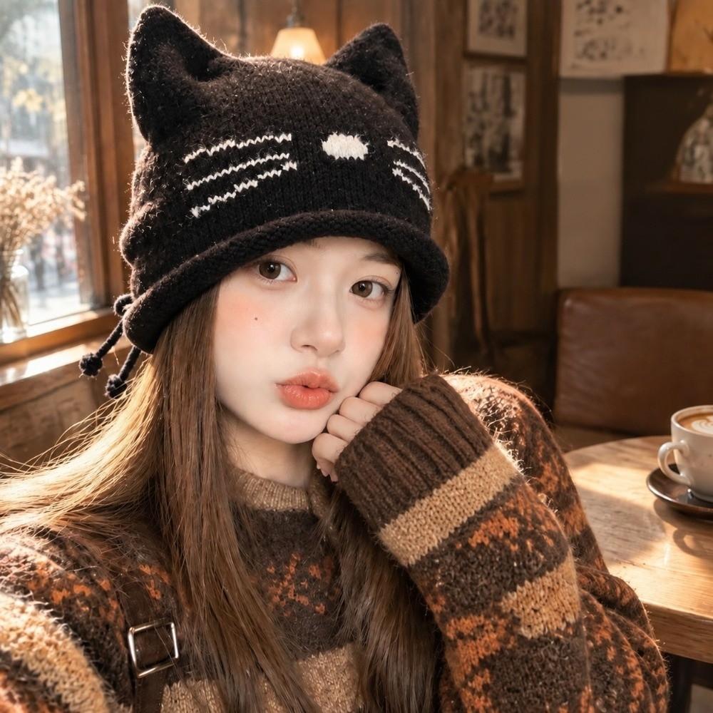 Solid Color Cat Ear Beanie Hat Cute Ear Knitted Skull Cap Fashion Knitted Hat Winter