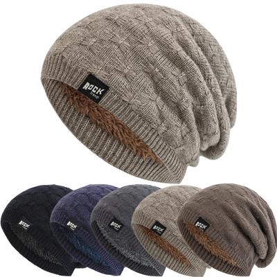Sale Unisex Beanie Hats For Men & Women Warm Ski Winter Hat Rock Letter Label Decor Plush Lined Warm Knitted Hat