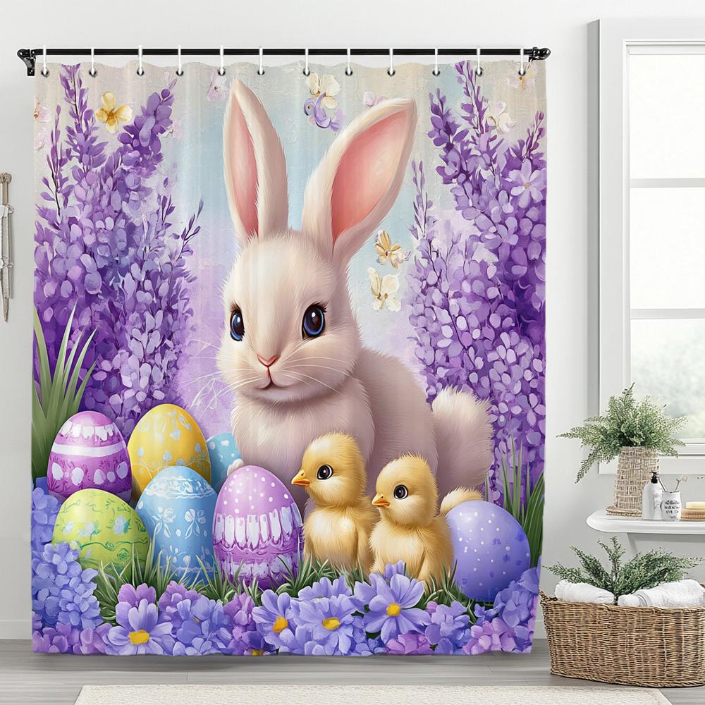 Happy Easter Shower Curtain,Egg and Rabbit Cartoon Printed Polyester Fabric Decorative Bathroom Curtain, Home Curtain with Hooks