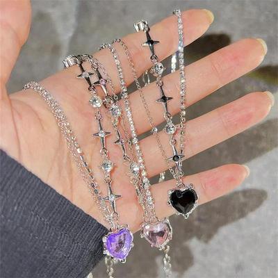 Y2K Crystal Necklaces Gradient Purple Zircon Star Heart Irregular Cross Star Chain Choker Necklace Jewelry Accessories for Girls