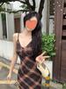 Vintage French Style Gingham Slip Dress With Mesh Overlay For Summer Casual Wear
