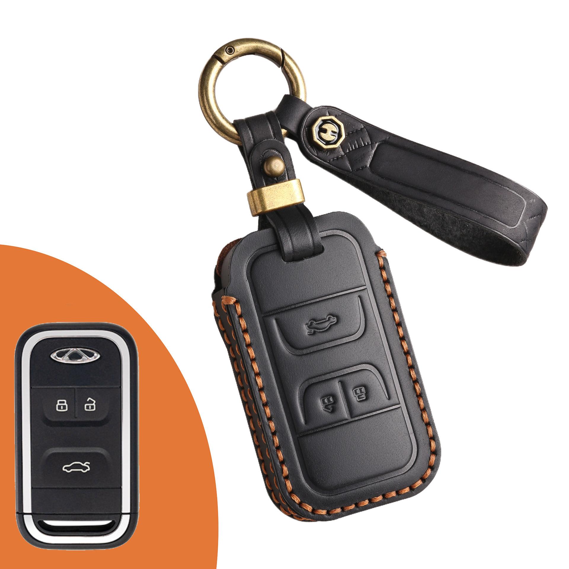 

Кожаный чехол для ключей подходит для ключа автомобиля Xingtu Chery Lingyun Tiggo 8 Arrize plus5, первый слой воловьей кожи чёрный