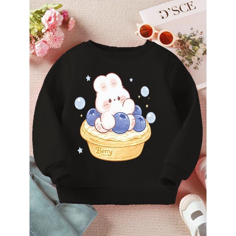 Kids Long Sleeve Crewneck Sweatshirt, Milk Tone Blueberry Bear Cartoon Print , Spring Autumn Tops 110