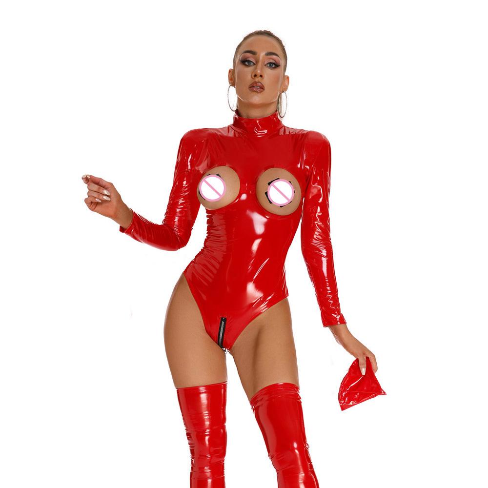 Sexy Open Cup Bust High Cut Bodysuit Pvc Latex Elastic Sexy Tight Hollow Out Clubwear Dance Leotard Wetlook Open Crotch