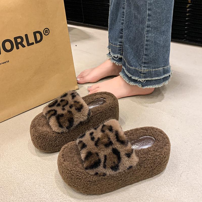 Leopard Print Fluffy Slippers Women's 2025 Autumn and Winter New Fashion Slippers Can Be Worn Outside European and American Style Wild Animal Patt