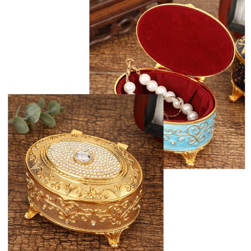 European Style Mini Jewelry Storage Box Organizer Portable Ellipsoid Inlaid Gem Alloy Necklace Ring Storage Dresser Display Case