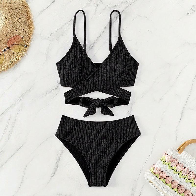 Women's 2 Piece Ribbed Bikini Set New Solid Color Wrap Cross Front Tie Back High Waisted Sexy Spaghetti Strap Summer Beach Swimwear
