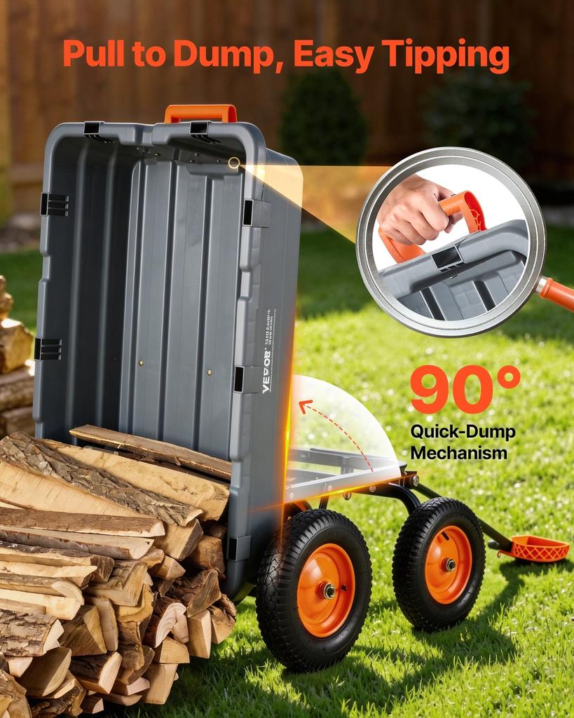 Garden Dump Cart, 680kg Poly Dump Cart, Garden Carts Dumps Wagon with 90° Quick-Dumps Mechanism, Adjustable Handle, 270° Flexible Rotating Bearings,