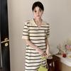 Women's Summer French Stripe Polo Dress - Short Sleeve, Embroidered, Knit, Stylish Loose Fit, Niche H-Line Design, New Arrival