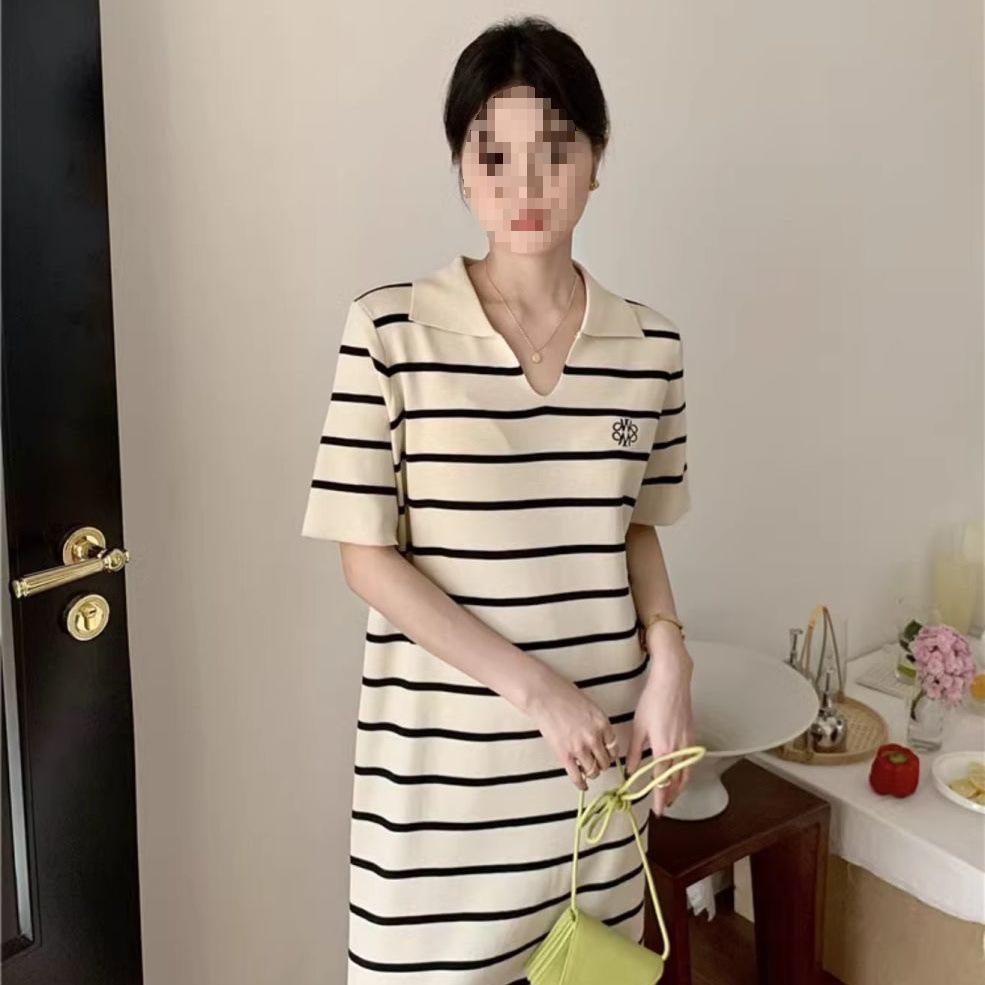Women's Summer French Stripe Polo Dress - Short Sleeve, Embroidered, Knit, Stylish Loose Fit, Niche H-Line Design, New Arrival