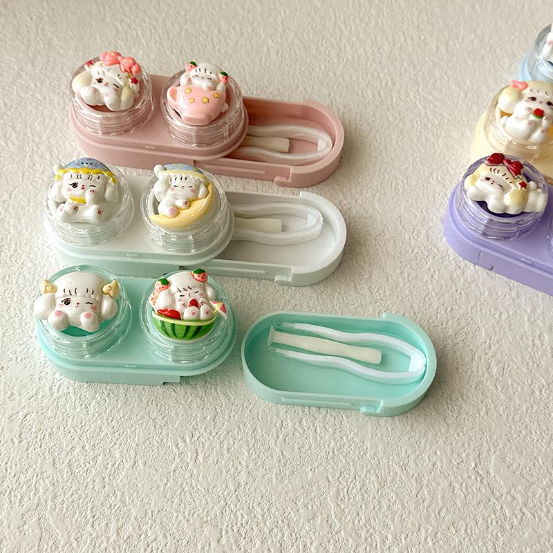 Candy Color Contact Lens Case Cute Cartoon Cat Eye Contacts Beauty Pupil Storage Box with Tweezer Suction Stick Set Girls Gift