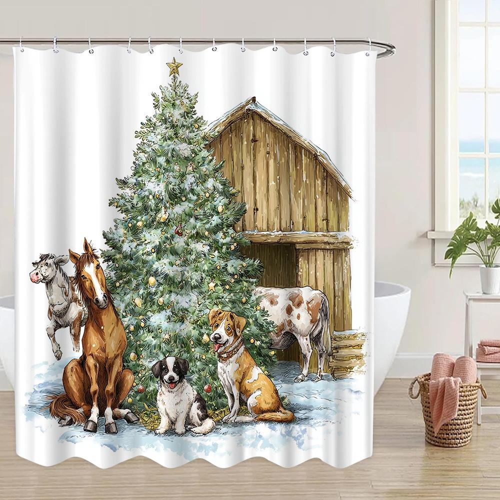 1Pc Rustic Farmhouse Christmas Shower Curtain - Vintage Barn Style With Horse, Dog, Cow & Pig Design, 70.8X70.8 Inch, Machine Wa