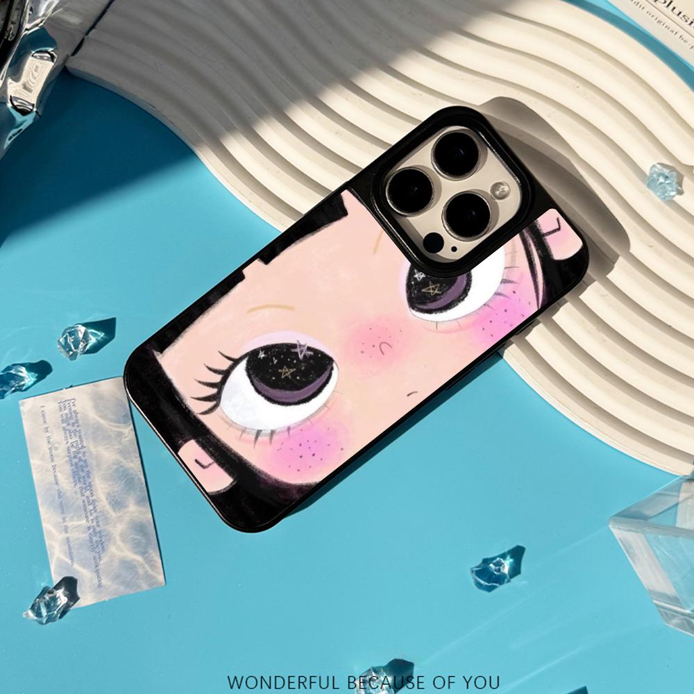 Big-eyed cute girl cartoon design Phone Case for iPhone 17 16 e 15 14 13 12 Pro Max Sheepskin Silver-edged protective case