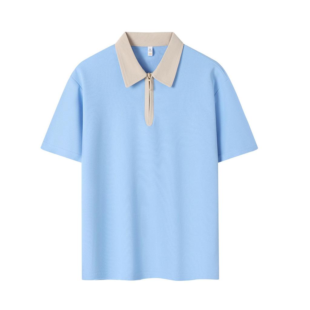 Summer Half Zipper Color Blocked Collar Top Simple Couple Polo Shirt