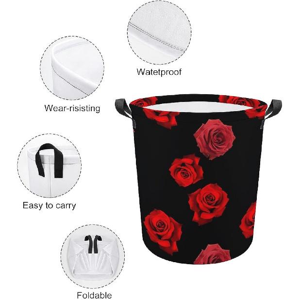 Red Roses on Black Laundry Basket, Collapsible Dirty Clothes Hamper With Handle, Suitable of Bedroom, Bathroom, Dormitory, farmhouse, Toy Basket,