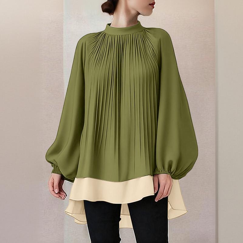 

ZANZEA Женская блузка с воротником-стойкой, длинным рукавом, свободного кроя, повседневная, комбинированная 5XL армия зеленый