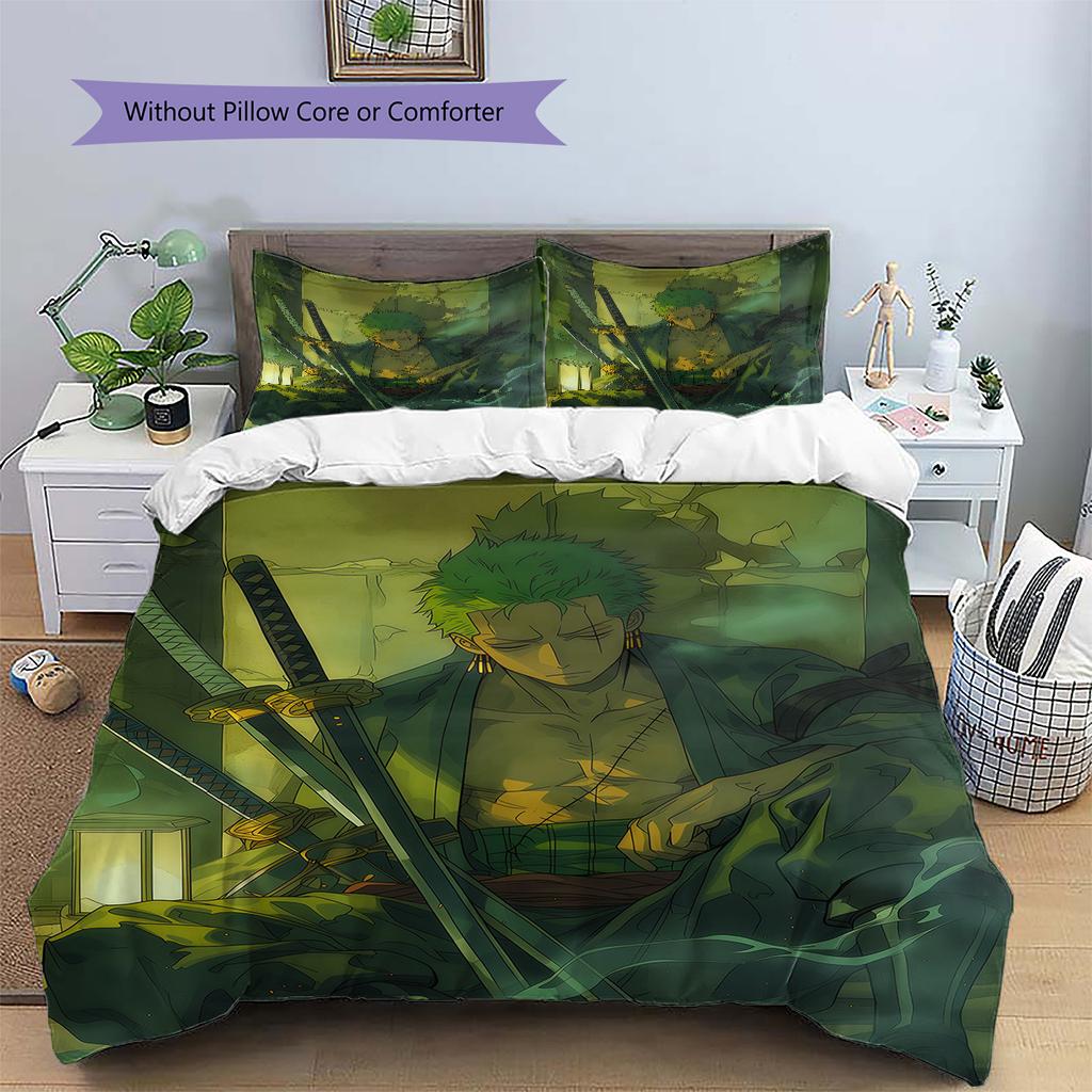 Roronoa Zoro Wano Muster Bettwäsche Bettdecken-Set Heimdekoration Geschenk (1 Bettbezug + 2 Kissenbezüge (ohne Füllung))