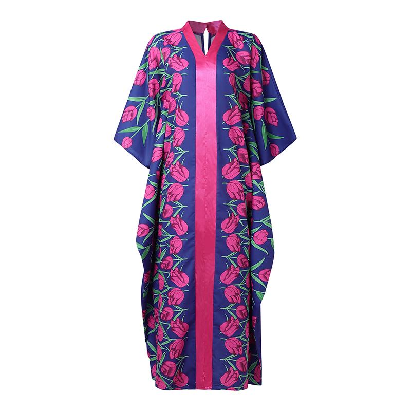 

Plus Size Ethnic Women Long Sleeve Floral Print Patchwork Casual Loose Maxi Kaftan Dress L