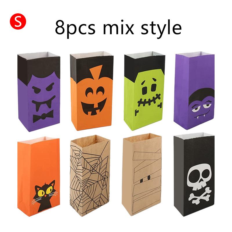 8pcs Halloween Flat Mouth Kraft Paper Bag Cute Cartoon Pattern Pumpkin Skull Spider Web Party Gathering Candy Storage Bag TMZ
