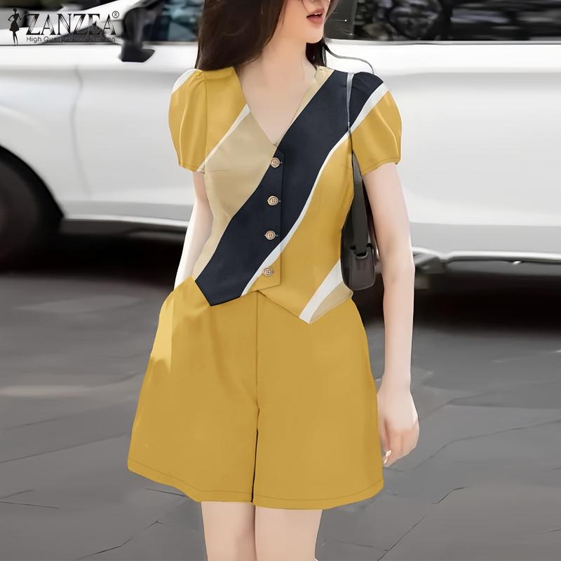 ZANZEA Women Short Sleeve Print Blouse and Shorts Summer Two Piece Suit Sets