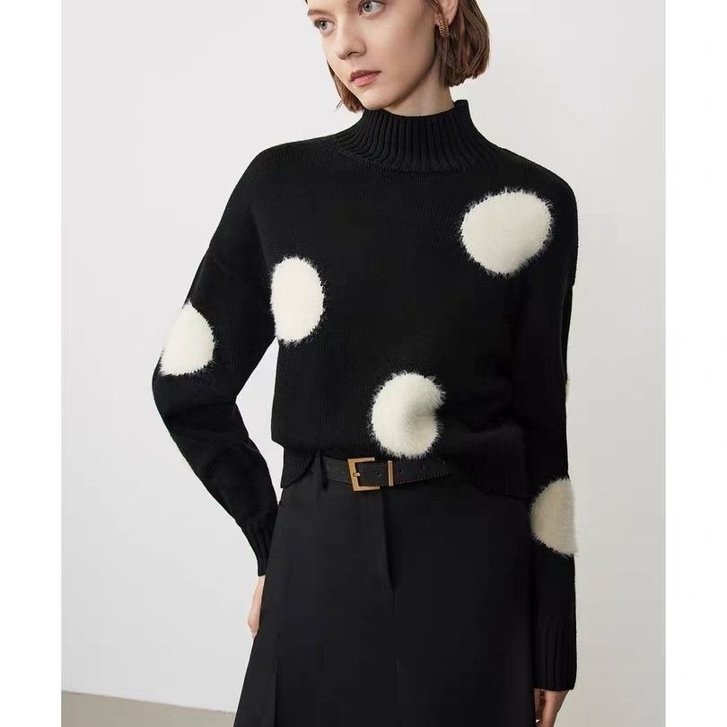 YYFS Women s Fashion Casual Fall Winter Polka Dot Print Long Sleeve Half Turtleneck Sweaters S чёрный