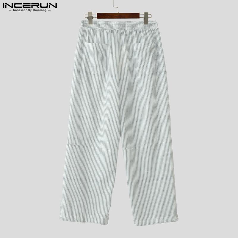 INCERUN Men Striped Print Pants Casual Elastic Waist Long Trousers