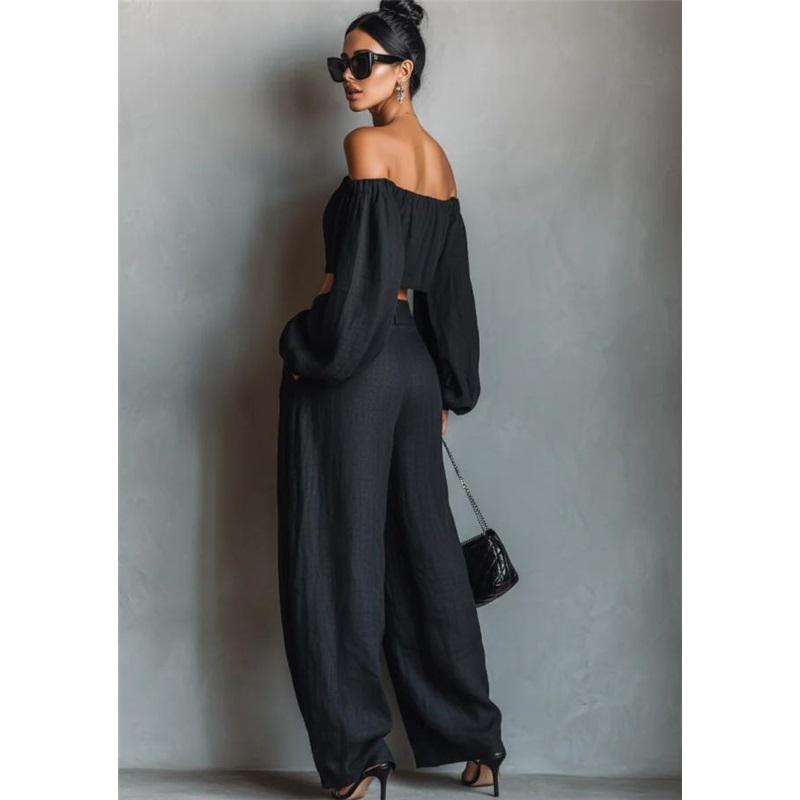 Damen 2-teiliges Outfit Off-Shoulder Puffärmel Crop Top Hohe Taille Weiter Bein Hose Leinen Passende Sets Lässiger Urlaubsanzug