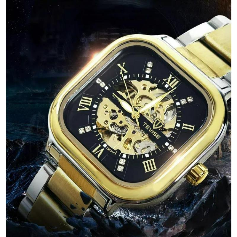 TEVISE Automatic Mechanical Watches for Men Stainless Steel Waterproof Skeleton Watch Square Dial Luminous Fashion Business Wristwatch
