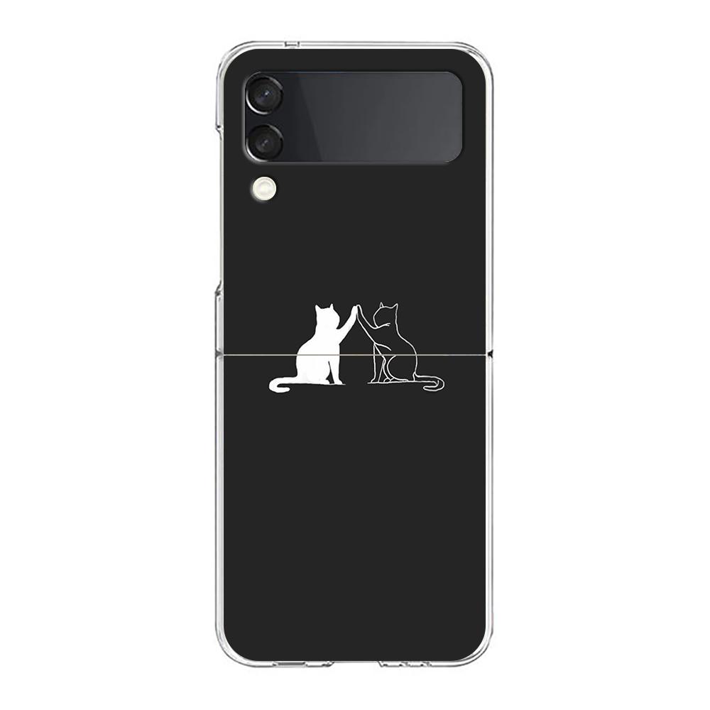 Phone Cover For Samsung Galaxy Z Flip 6 5 4 Case Transparent For Samsung Z Flip 3 Hard PC Foldable Bags Cartoon Black Cat Couple