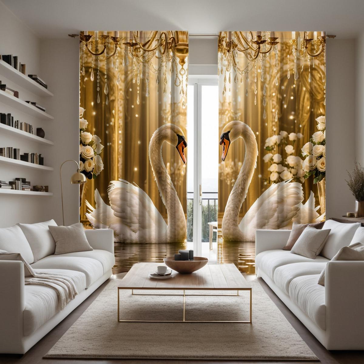 

Двухсекционная цифровая желтая занавеска HD под светом Лебедь любви, украшение для дома, стиль, украшение для гостиной, спальни, через карниз W52H95inchW132H241cm