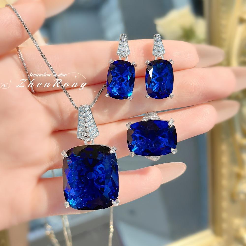 

Exquisite Royal Blue Pendant Fat Square Gem Earrings Paraiba Ring Green Diamond Jewelry Set for Women