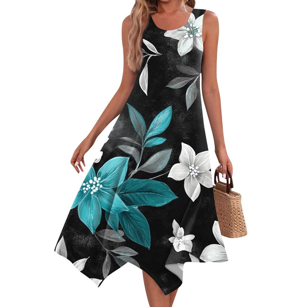 Women's Casual Fashion Round Neck Sleeveless Print Irregular Hem Midi Dress Hem Midi Dress