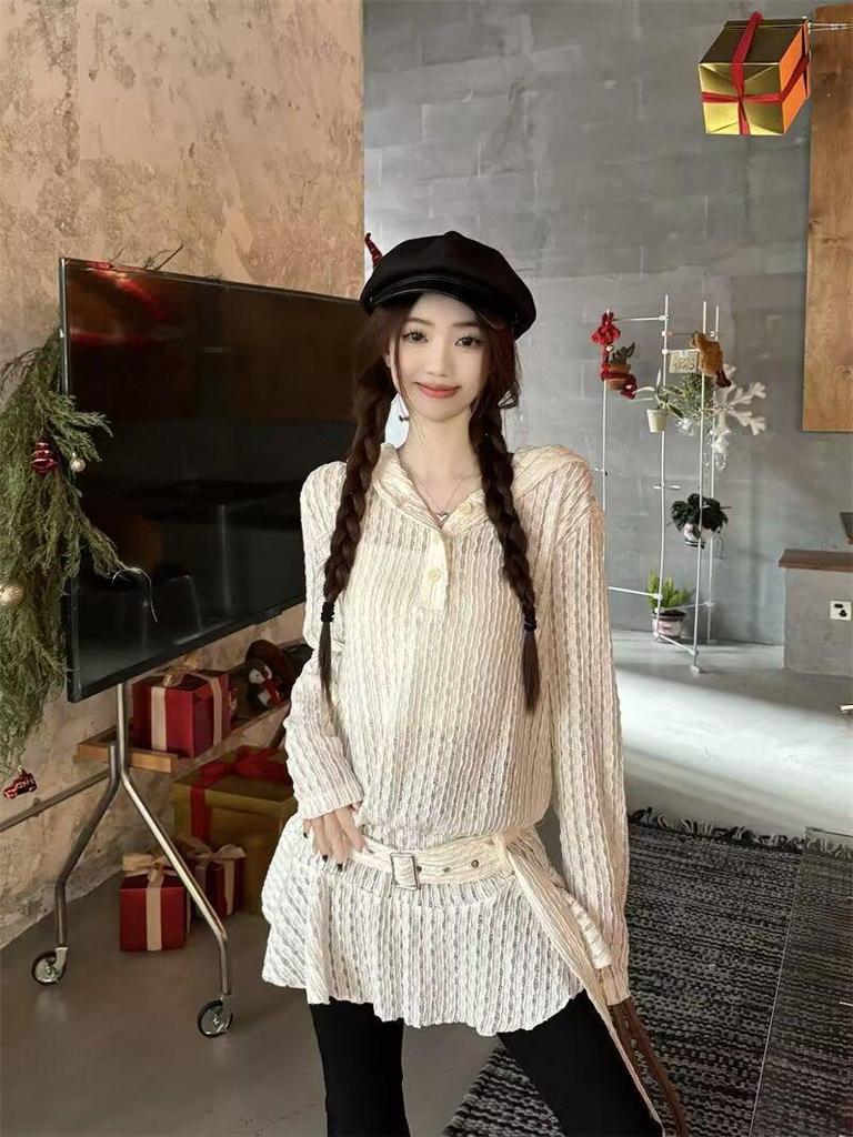 Korean Lace Ruffle Hooded Sweatshirt Dress - Sheer Long Sleeve, Spring 2026