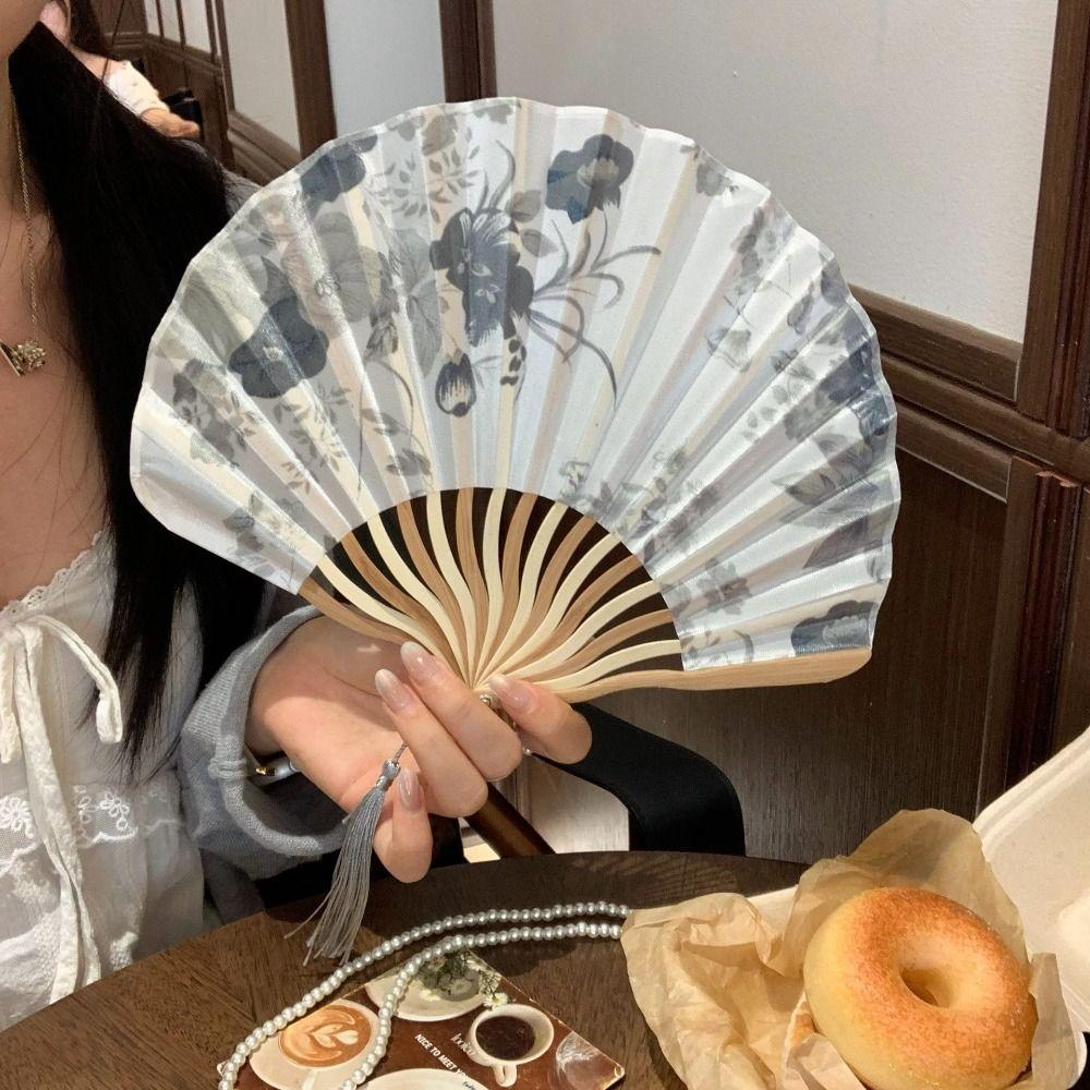 Woman Men Silk Flower Folding Fan Portable Retro Shell Fan Hand Fold Fan Living Room Cabinet Decor