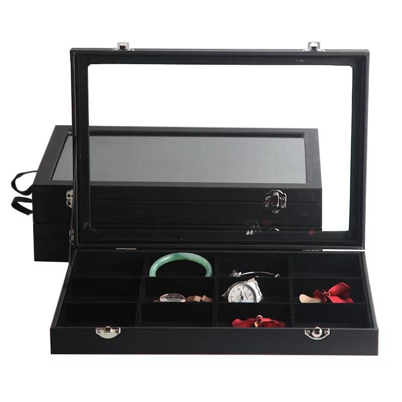 Pu Black Leather Jewelry Box Jewelry Display Box with Lid Transparent Dust Ring Earrings Necklace Bracelet Storage Box
