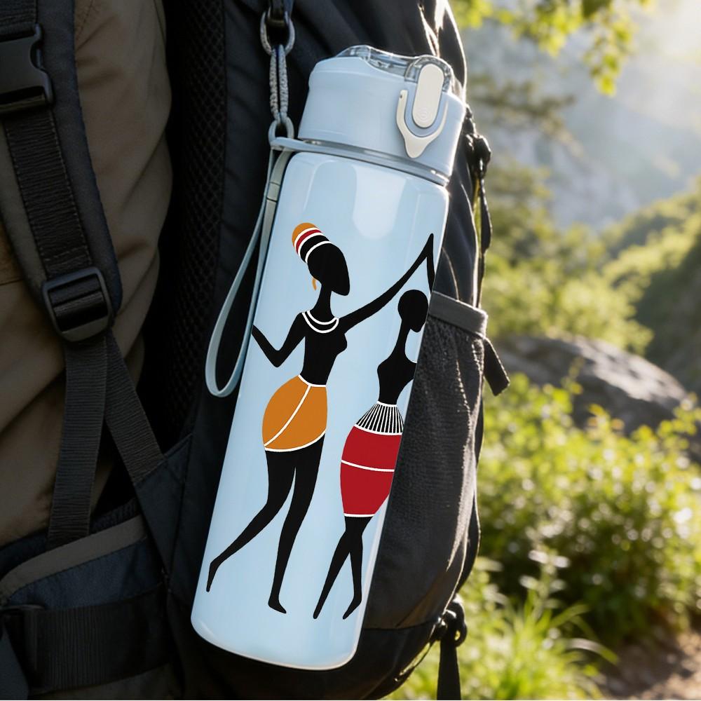 1PC Three African Lady Dancer Pattern 750ml Color Plastic Sports Water Bottle Leakproof Flip Straw Lid Suitable for Sports Office Home Use