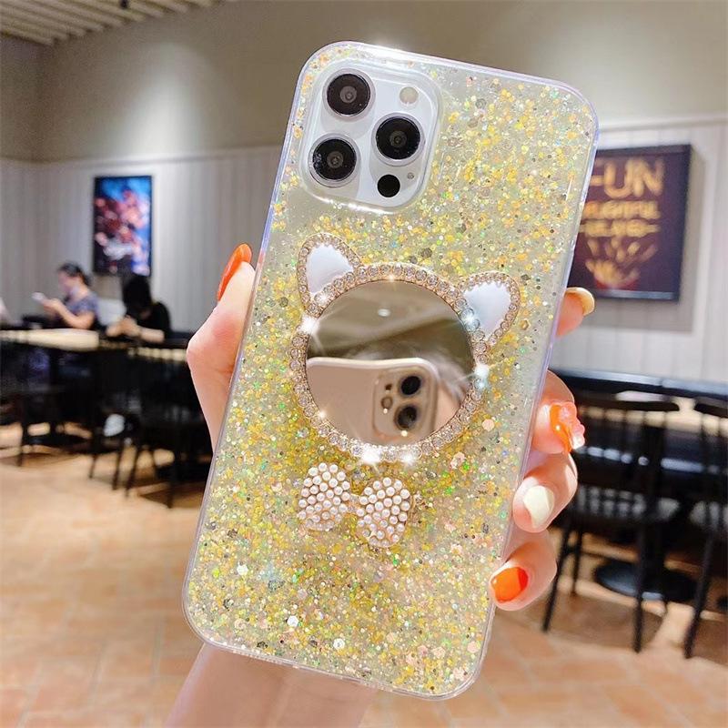 Glitter Sequined Mobile Phone Case Is Suitable For Apple 17Pro Makeup Mirror Wind 15 Rhinestone 16Promax Solid Color 14.
