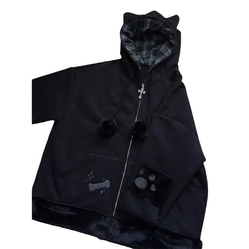 Hanorac cu glugă cu urechi de pisică, patchwork carouri Y2K Millennial - Jachetă de damă căptușită cu fleece pentru toamnă și iarnă