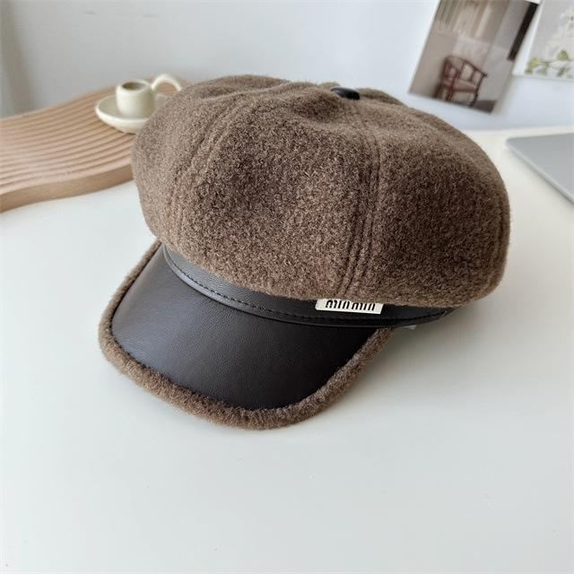 

New Hats for Women in Autumn and Winter New Versatile Plush Stitching Newsboy Hats Warm Woolen Octagonal Hats Berets M（56-58cm）