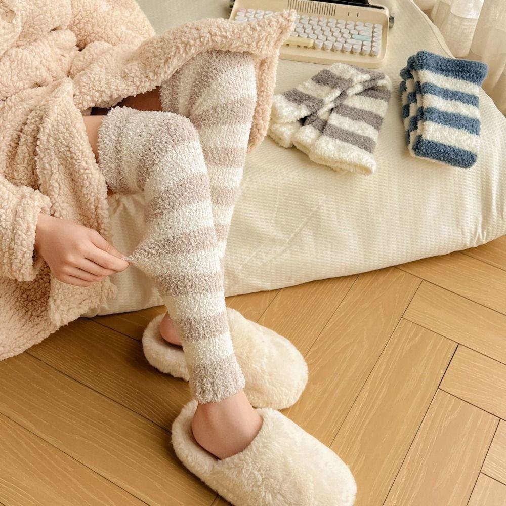 Thicken Warm Long Tube Sock Cover Stripe Foot Warmer Kawaii Coral Fleece Stockings  Autumn