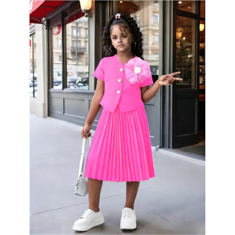 

Girls Solid Color Suit Set Short Sleeve Jacket + Pleated Long Skirt Children s Birthday Party Dress 8Y темно-рожевого кольору