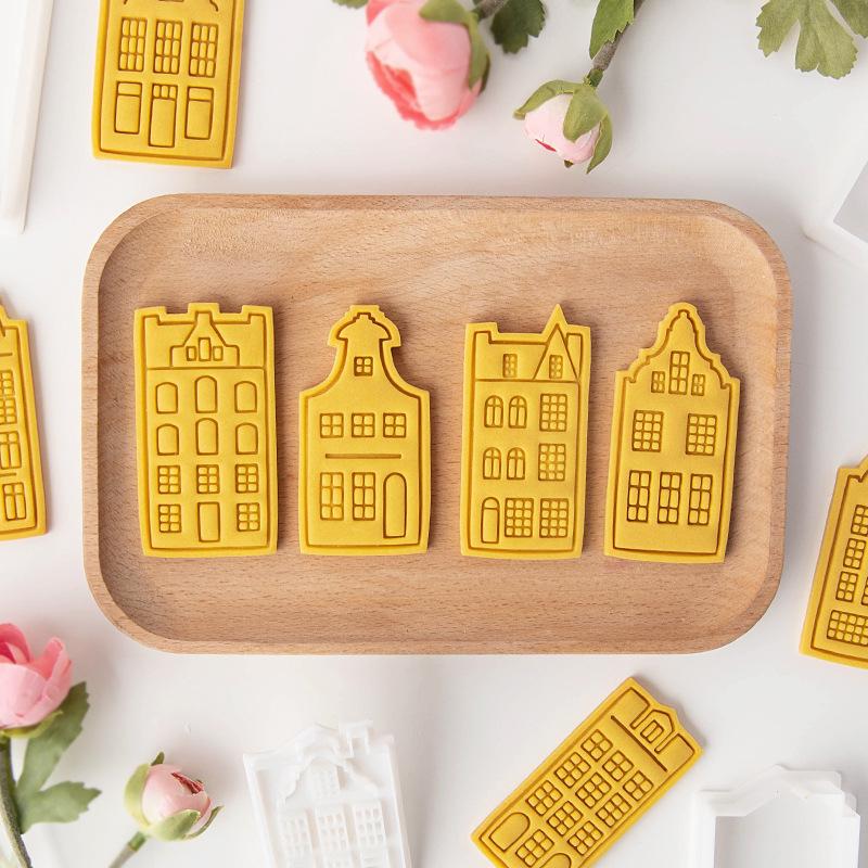 European Retro Architecture Cookie Cutters Amsterdam Buildings Shape DIY Biscuit Stamp Fondant Embosser Cake Decorating Tools