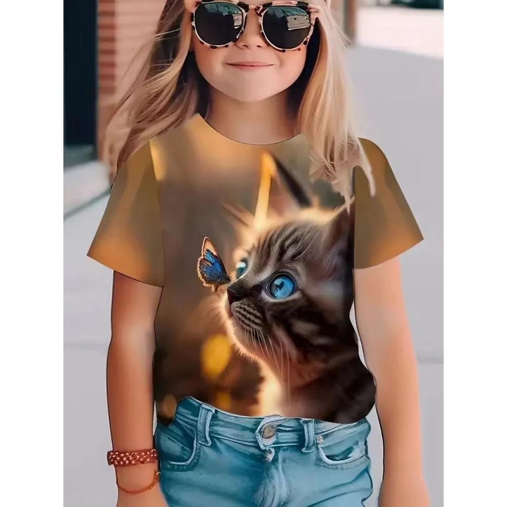 Fashionable Summer Children's Top Creative Colorful Cute Animal 3D Printed T-shirt Girls Comfortable Soft Breathable Short Sleeves T-shirt
