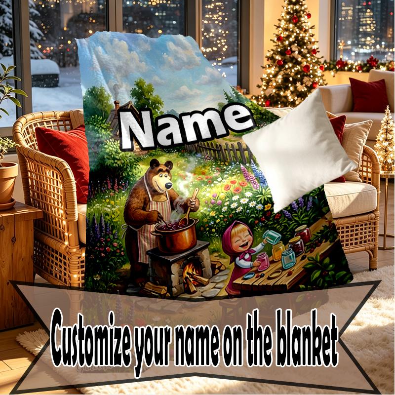 Custom Name Personalized Masha and The Bear Print Blankets, Home Decor, Bedroom, Sofa, Camping, Couch, Gifts for Birthday Christmas