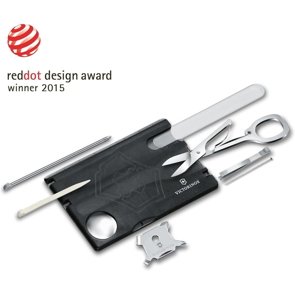 Victorinox SwissCard Translucent Black Nail Care Kit with Glass Nail File, Scissors, 13 Functions, Compact Emergency Tool