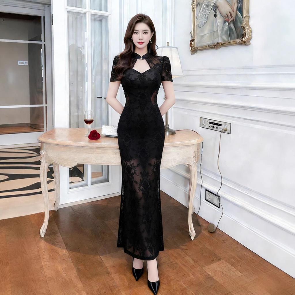 New Chinese-style Black Lace Splicing Dress, Stand-up Collar, Slim-fitting Long Split-fork Fishtail Skirt, Thin and High-end Skirt