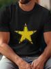 1pc Black Graphic T-shirt with Yellow Star & Barbed Wire Design - 180g Cotton Crew Neck Short Sleeve Tee